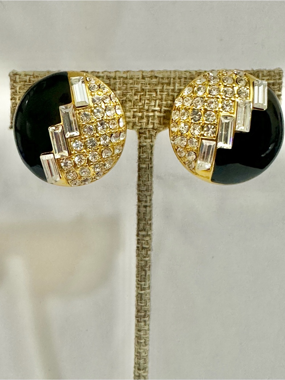 Vintage Gold Plated Black Enamel & Crystal Stud Earrings